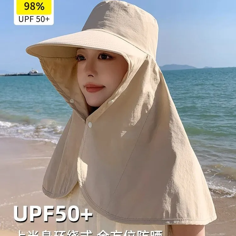 Sombrero de Verano para Mujer con Ala Ancha, Protector de Cuello Integrado, Gorra con Protección Solar, Cobertura Completa hasta los Hombros, Talla Universal, Temporada de Primavera