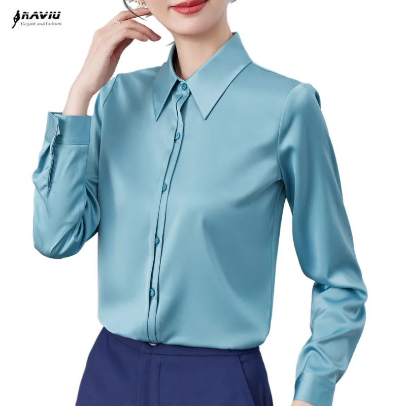 NAVIU Fashion Women Shirt Green White Green New Spring Temperament Formal Long Sleeve Formal Blouses Office Ladies Work Tops