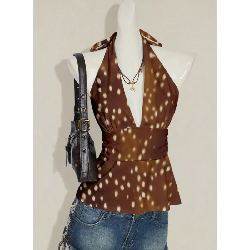 Women's Y2K Halter Neck Top, Deep V-Neck Ruched Waist Peplum Tank with Multiple Prints