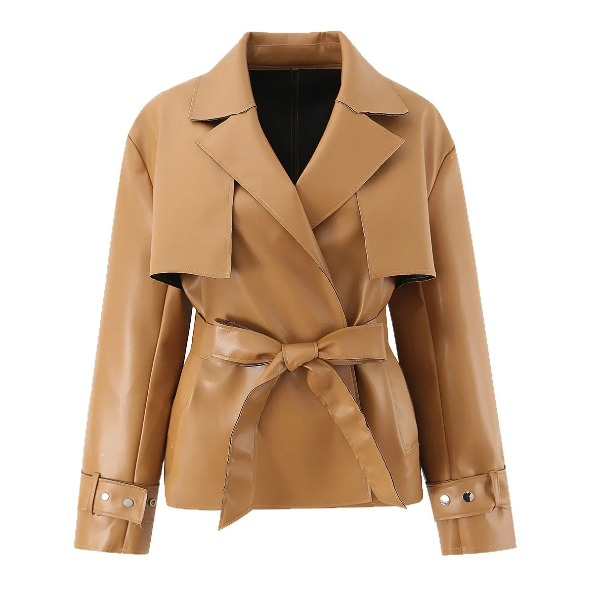 

Women's French Style Orange Belted Jacket Elegant Leather Coat Camel Brown Jacket With Belted Waist Long Sleeves For Women APZH