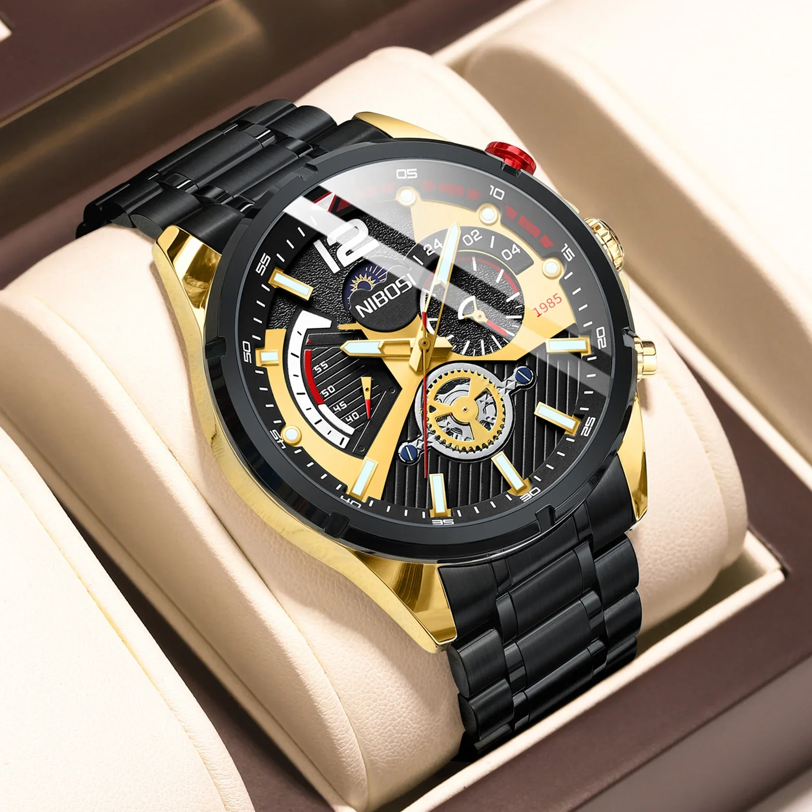 

NIBOSI Men Watch Fashion Fake Flywheel Top Luxury Brand Fashion Quartz Men Watches Stainless Steel Strap Chronograph Watch Gift