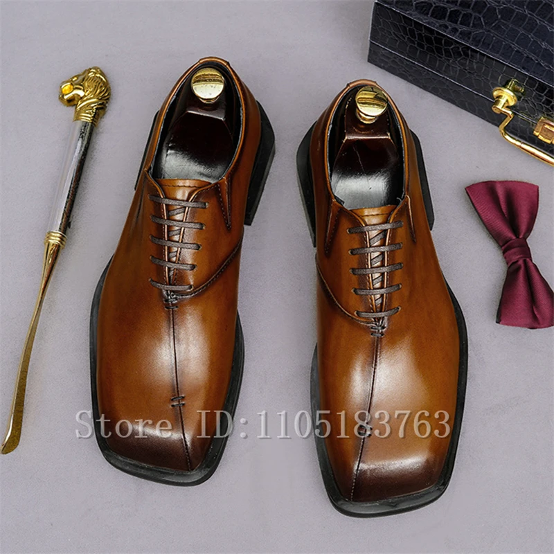 Men's Square Toe Oxford Dress Shoes Splicing Design Genuine Leather Lace Up Handmade Formal Wedding Party Business Shoes