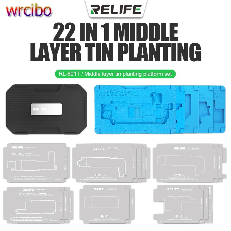 

RELIFE RL-601T 22 IN 1 Motherboard Middle Frame BGA Reballing Stencil Fixture For iPhone X~15 Pro MAX Repair Tin Template Kits