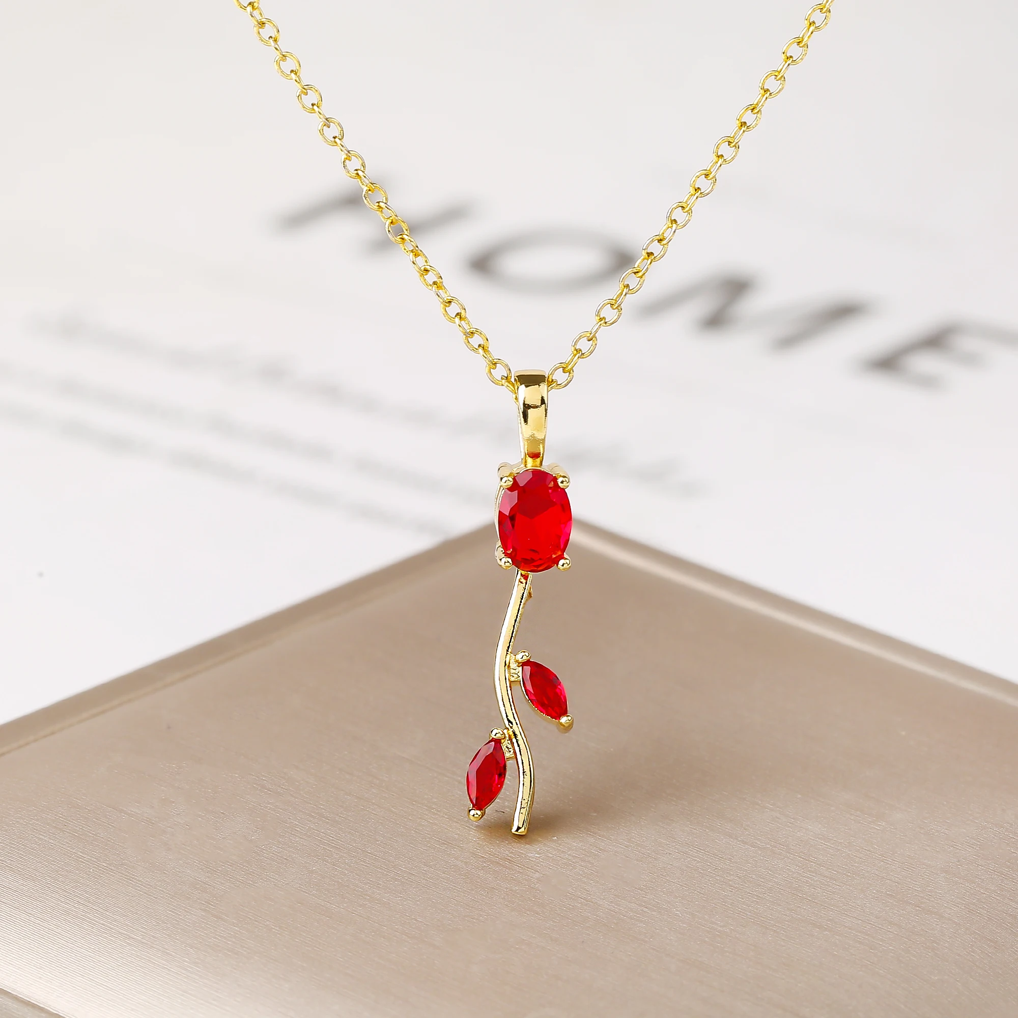 Hot-Selling Gold-Plated Branch Rose Flower Zirconia Pendant Necklace Luxury for Women Girls New Trend Daily Party Jewelry Gift