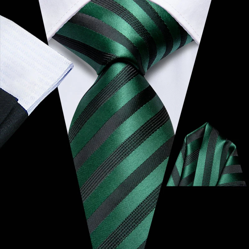 VerveRow Men Green St. Patrick's Day Striped Jacquard Necktie Pocket Square Set, Holiday Formal Suit Tie Hanky for Party