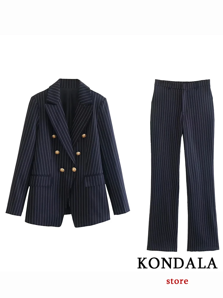 KONDALA Vintage Striped Luxury Women Suits Long Sleeve Loose Women Blazer Straight Pants Fashion 2022 Office Lady Mature Suits