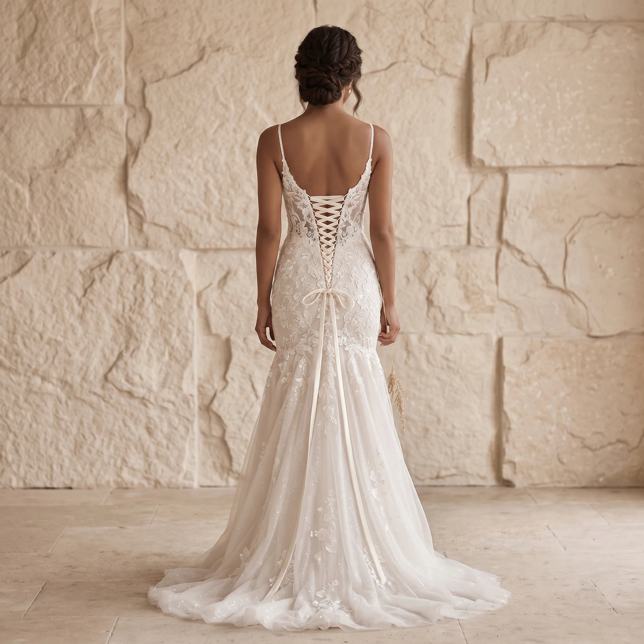 Spaghetti Strap V Neck Mermaid Wedding Dress 3D Floral Lace Corset Lace Up Back Sparkle Tulle Chapel Train Bridal Gown