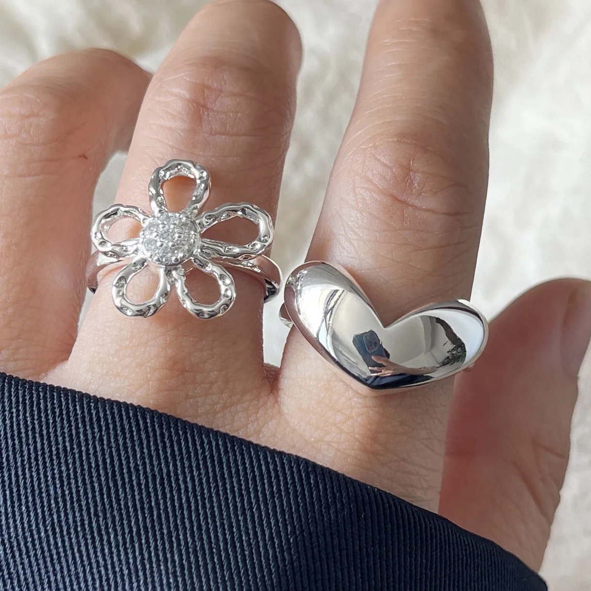 خواتم من الفضة الإسترليني عيار 925 للنساء مجوهرات راقية هندسية قابلة للتعديل خاتم على شكل قلب بسيط على شكل زهرة لهدية أعياد الميلاد للحفلات #4
