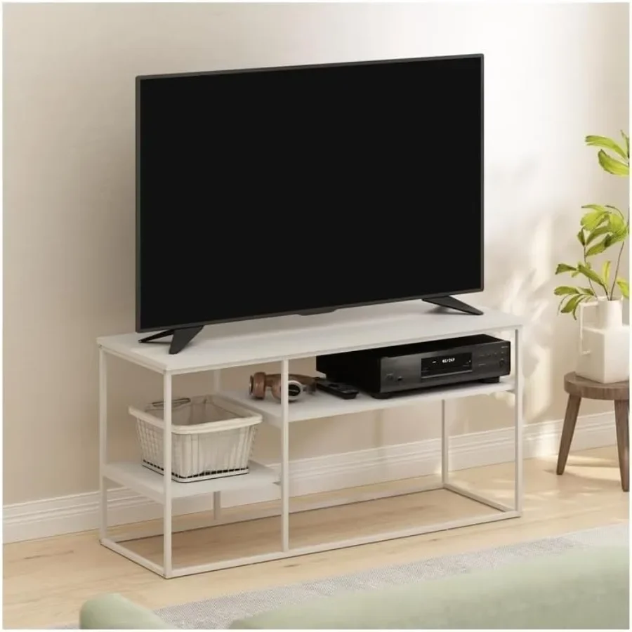 White TV stand for TVs up to 50 inch modern entertainment console, MDF wood, sleek white finish, scratch-resistant surface and