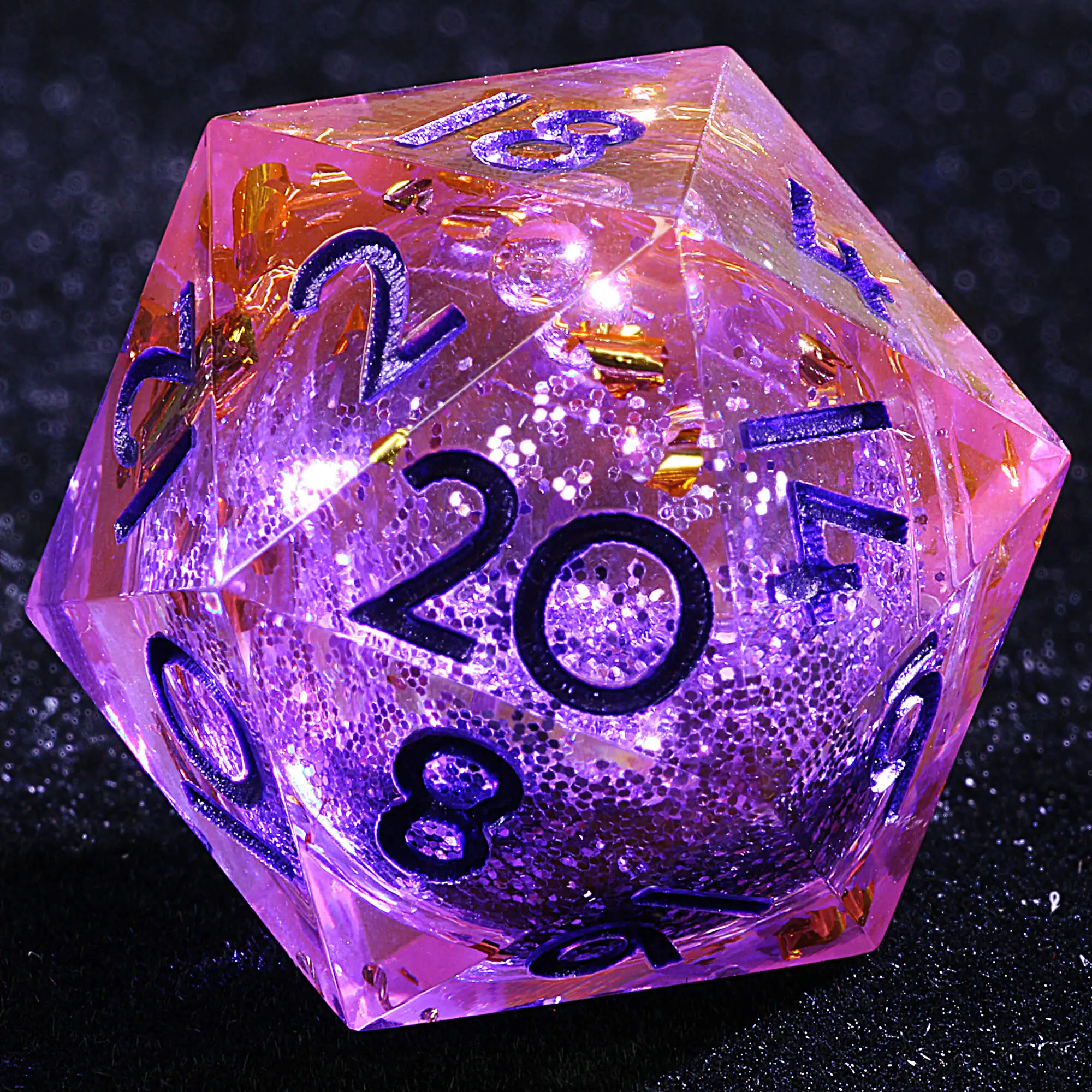 9 Polyhedral Resin Liquid Core DD Set of Dice Amethyst Sand Gold
