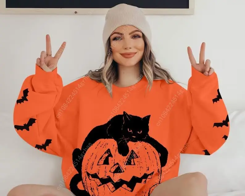 Gato preto em abóbora moletom moletom de Halloween para mulheres outono abóbora rosto camiseta leve pulôver tops