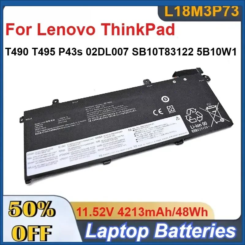 L18M3P73 11.52V 4213mAh/48Wh Li-ion Battery for Lenovo ThinkPad T490 T495 P43s 02DL007 SB10T83122 5B10W1 Laptop Batteries