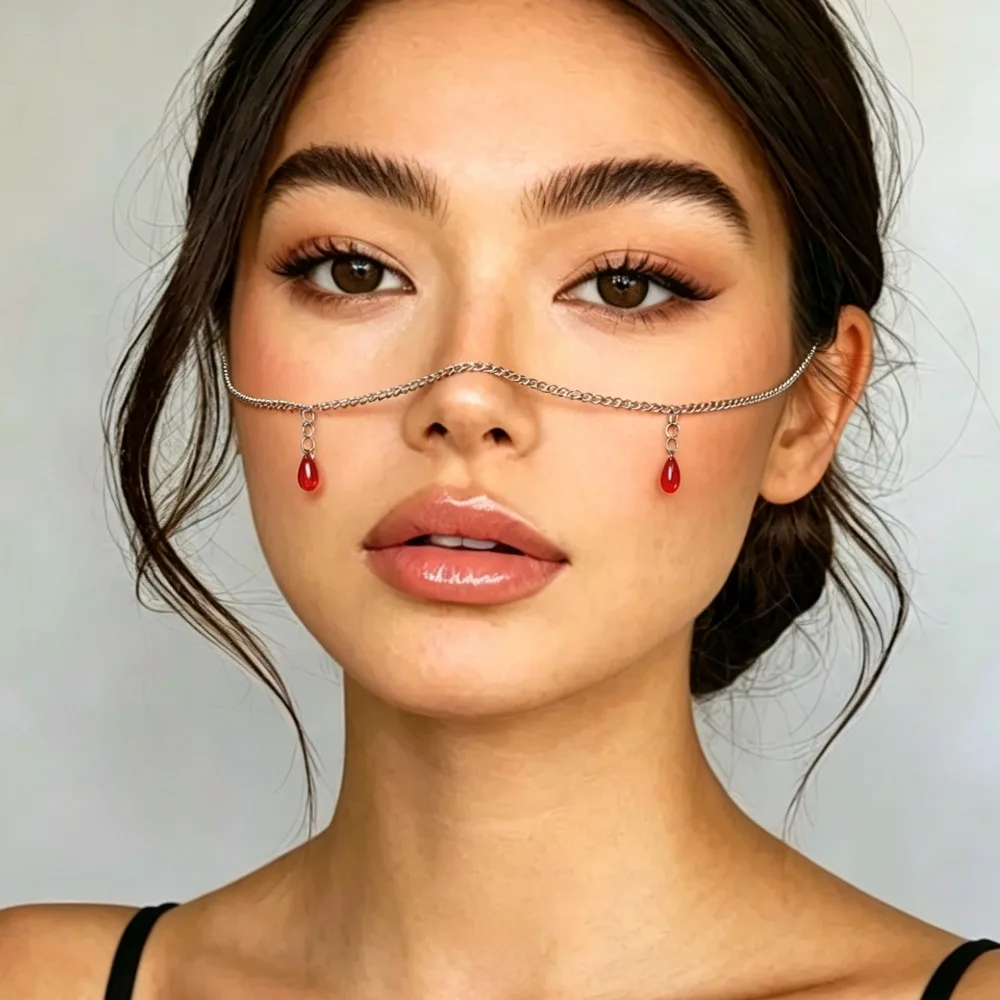 Exotic Red Water Drop Face Chain No Piercing Hanging Ear Integrated Facial Chain for Women Spice Girl Face Atmosphere Jewelry