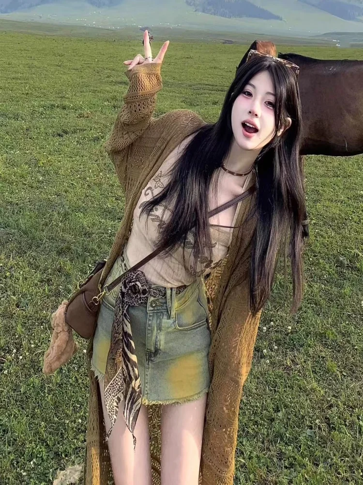 سترة نسائية محبوكة مفتوحة من Travel Sle مجوفة طويلة Sve V-Ne متوسطة الطول فضفاضة تناسب ملابس خارجية عصرية للعطلات... #3