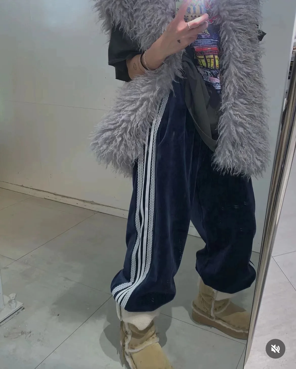 

Korean style Winter Side Ribbon Lace Fleece Sweatpants Trousers Wide Leg Pants Women