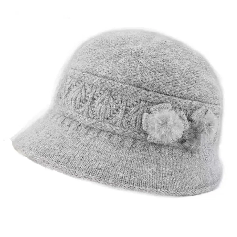 Faux Rabbit Fur Knitted Bucket Hat Fleece Lined Wide Brim Mom Hat Thickened Warm Wind Resistant Woolen Cap Elderly Ladies