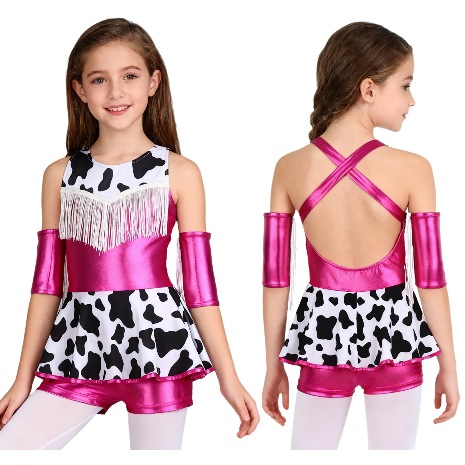 Girls Cowgirl Costume Jazz Dance Outfit Metallic Shiny Cow Print Leotard Dress with Tassels Oversleeve for Halloween Carnival