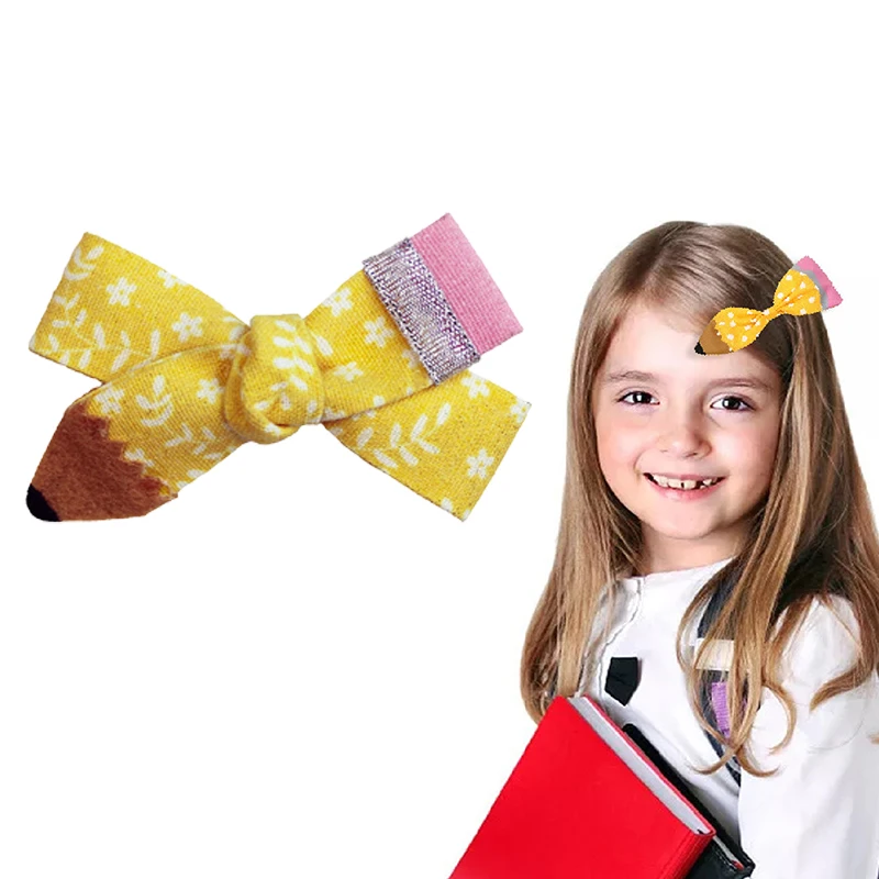 Back To School Hair Bows Clip Girls Felt Pencil Print Hairpin Cute Bow Barrettes Handmade Hairgrips Kids Hair Accessories