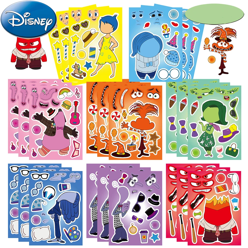 8/16sheets Disney Cute Anime INSIDE OUT Make a Face Puzzle Stickers Cartoon Assemble Jigsaw Toy Kid Party DIY Game Sticker Gifts