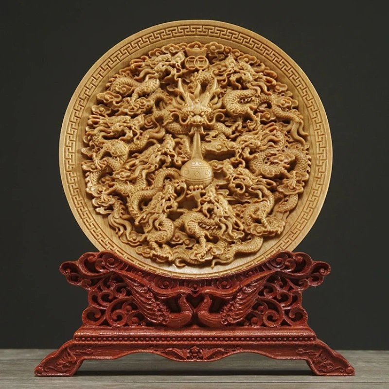 

1 Pc Cliff Cypress Circular Wood Carving Ornaments Living Room Home Decoration Woodcarving Handicrafts Chinese Style Feng Shui