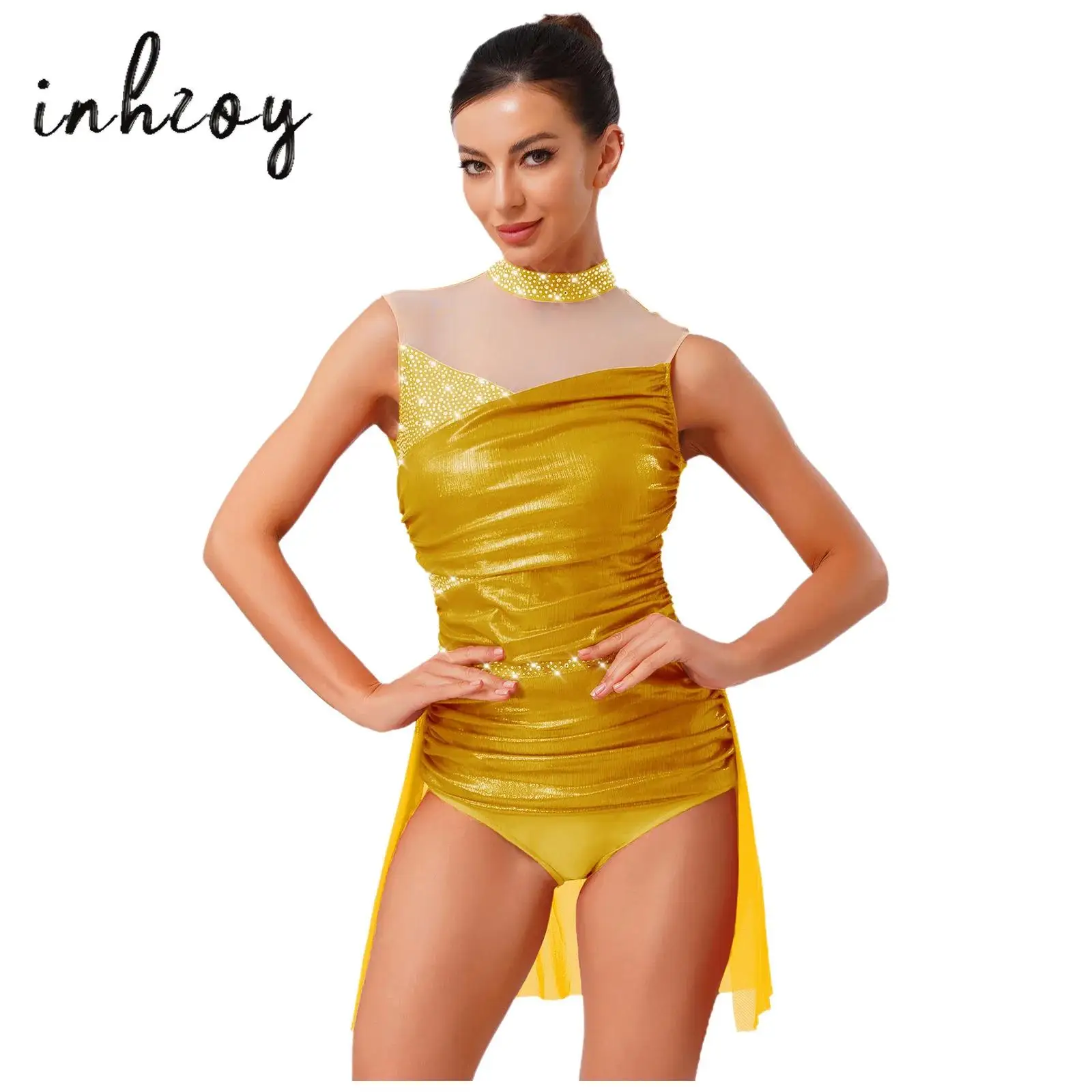 

Womens Lyrical Dance Leotard Glitter Rhinestones Metallic Shiny Contrast Color Sleeveless Mesh Skirt Ruched Bodysuit Ballerina
