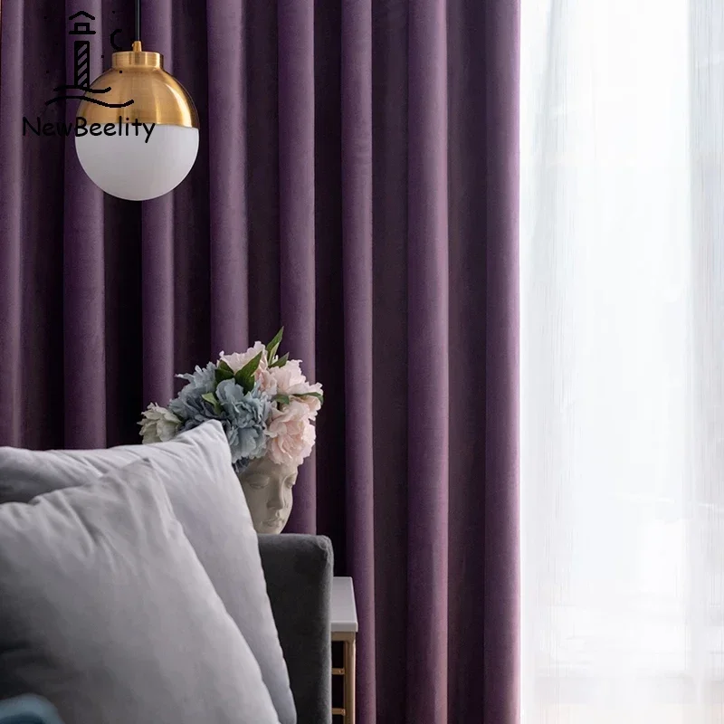 Nordic Curtains for Living Dining Room Bedroom Light Luxury Velvet European Style Purple Solid Color Window Custom Made Cortain