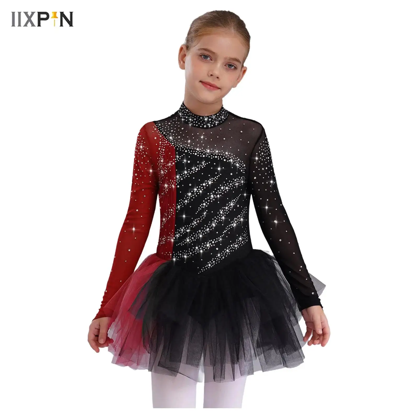 

Kids Girls Figure Skating Dance Dresses Stage Performance Costume Long Sleeves Sparkling Rhinestones Color Block Ballet Dress