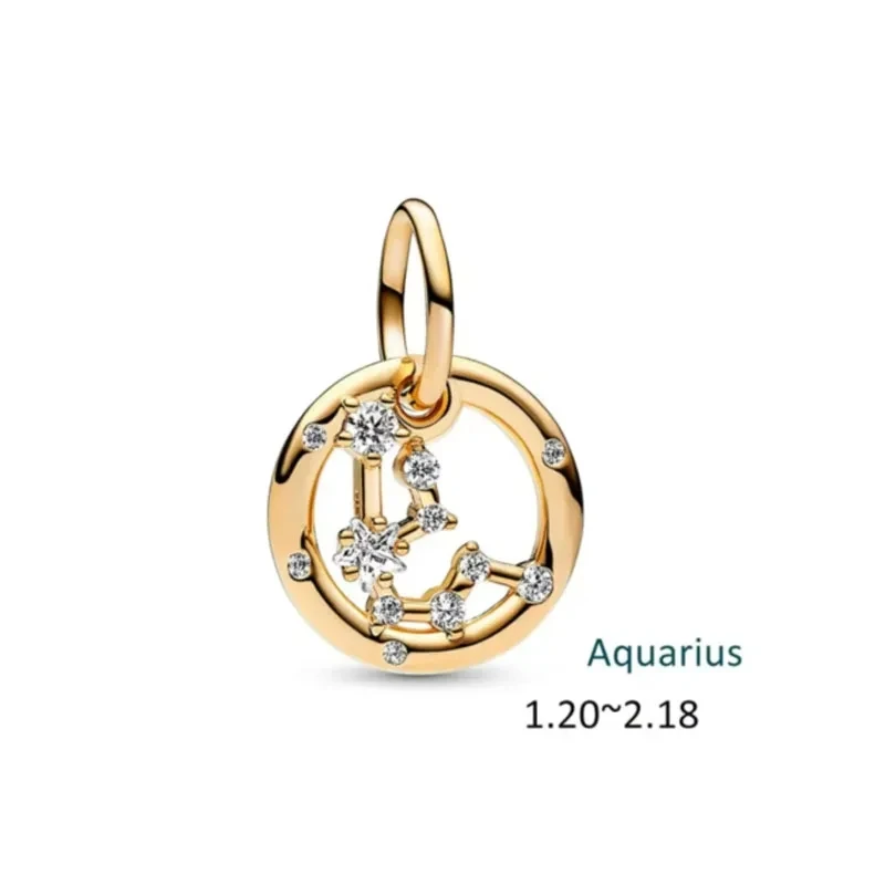 NEW 925 Sterling Silver Gold Plated 12 Zodiac Signs Dangle Charm Bead Fit Pandora Original Bracelet Necklace DIY Women Jewelry