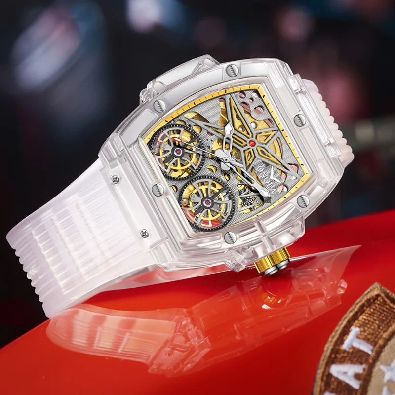 Fahion men watch ONOLA Sprot Plastic Transparent Hollow Full Automatic Mechanical Watches Men Waterproof Clock