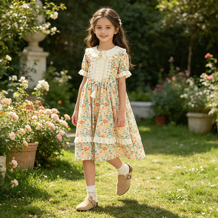 

Girls Floral Lace Trim Dress Peter Pan Collar Short Sleeve Tassel Waist for Daily Wear Casual Outings Summer Vintage Kids Dress