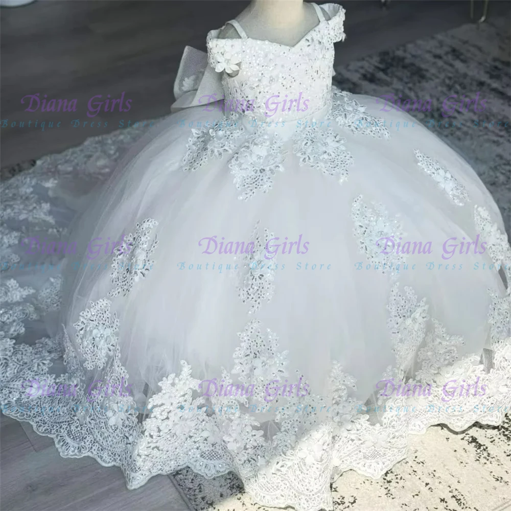Quality Tulle With Bow Lace Applique Flower Girl Dress For Kids Wedding Birthday Party First Communion Ball Gowns Customized