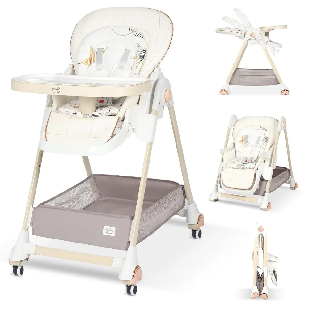 Baby High Chair for Babies & Toddlers, High Chair w/Large Storage Basket, Adjustable Height, Footrest, Recline, Foldable