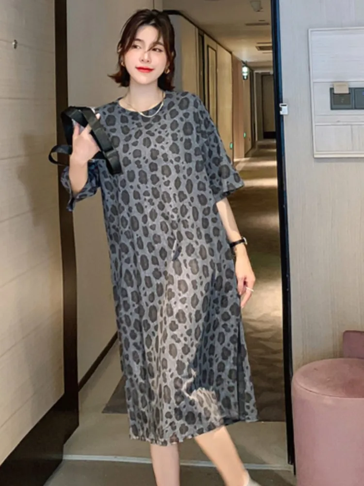حجم كبير الصيف سبليت ليوبارد فستان المرأة الجديدة كوريا فستان امرأة فضفاضة Vestidos رداء Elbise قصيرة الأكمام طويلة فساتين السيدات #6