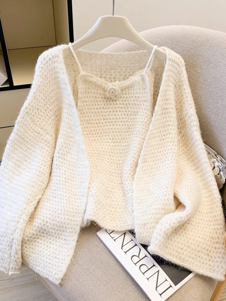 

Soft Cozy Knitted Cardigan Women's Loose Fit Two-Piece Set Autumn Winter New Sle French Sle Ci Walk Long Sve Sweater