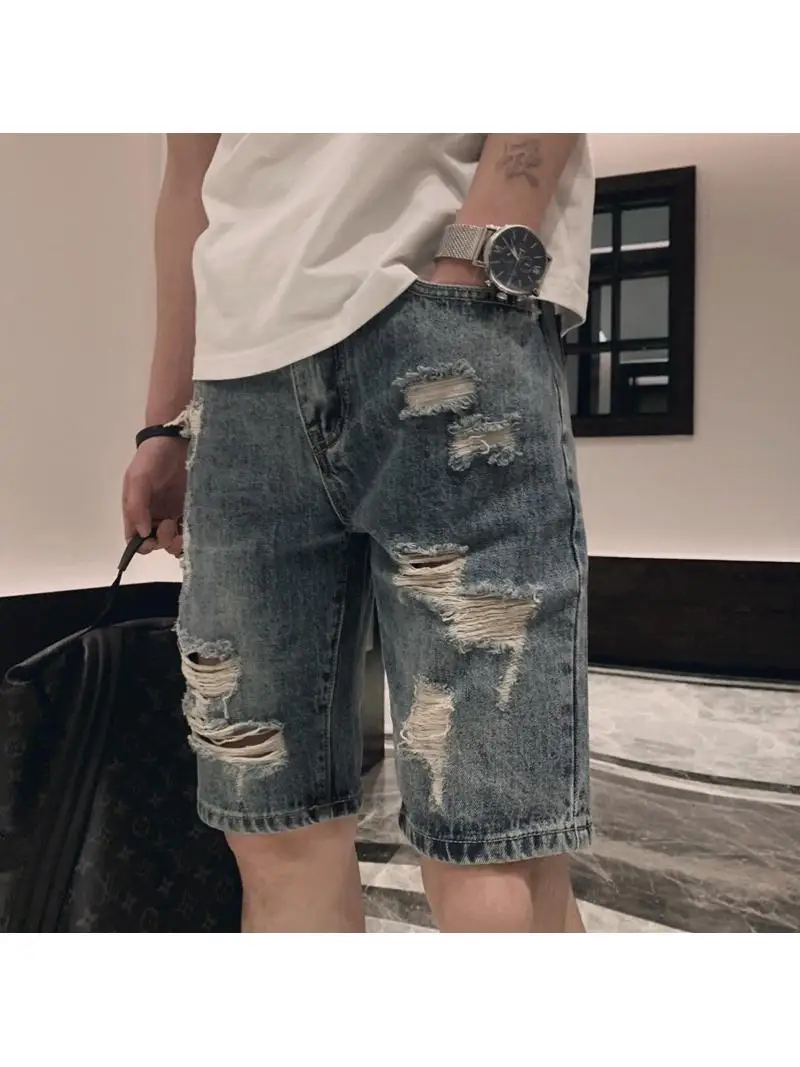 American High Street Men's Denim Shorts Casual Loose Summer Fashion Mid-Waist Straight Leg Five-Point Pants
