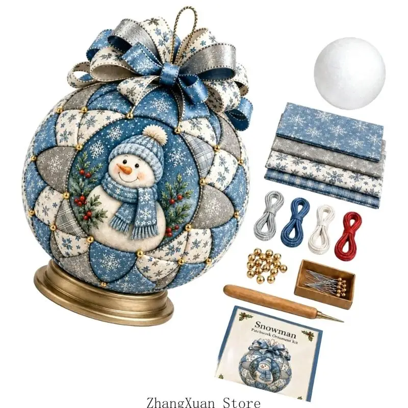 Christmas Patchwork Ornament Craft Set, 1 Set with Patterned Fabric, Ribbon, Beads, Guided Instructions and Hanging Loop 3XUF