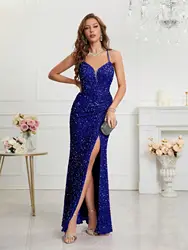 ICCLEK Vestido Elegante Para Mujer De Gala Dresses For Wedding Woman Guest Vestidos De Noche Blue Dress Evening Gown