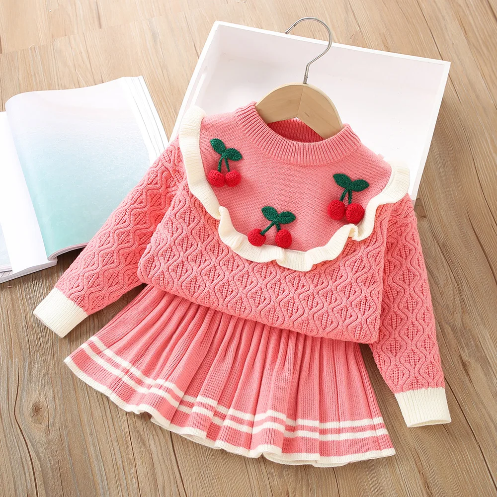 

Girls Clothing Sets Spring Autumn Children Woolen Jersey Sweaters Tops Skirts 2pcs Dress Suit For Baby Knitted Outfits Kids 5 6Y