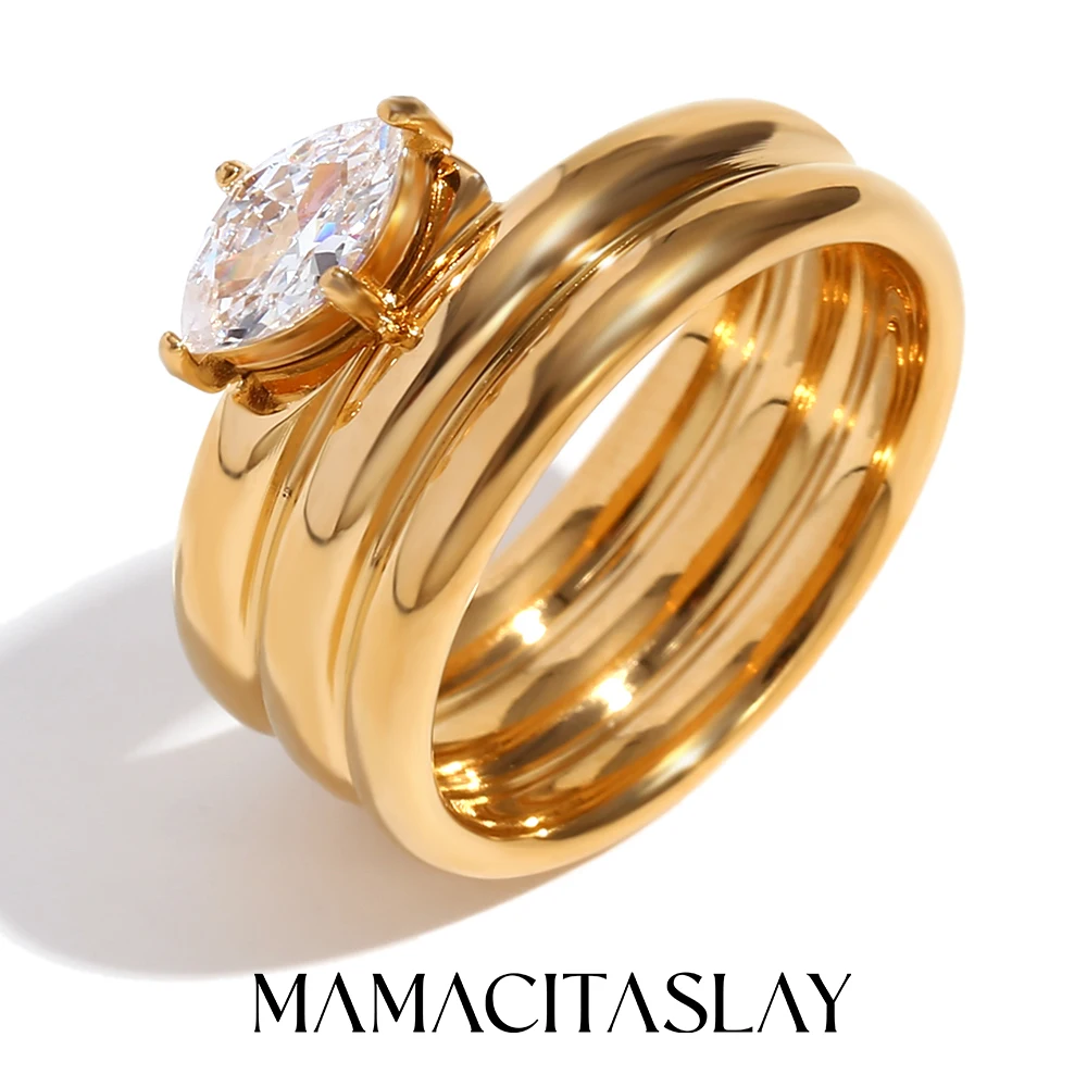 MamacitaSlay Minimalista Multi-camadas Clássico Oval Olho de Cavalo AAA Zircão Anéis 18K Banhado A Ouro anel de aço inoxidável mulher Jóias