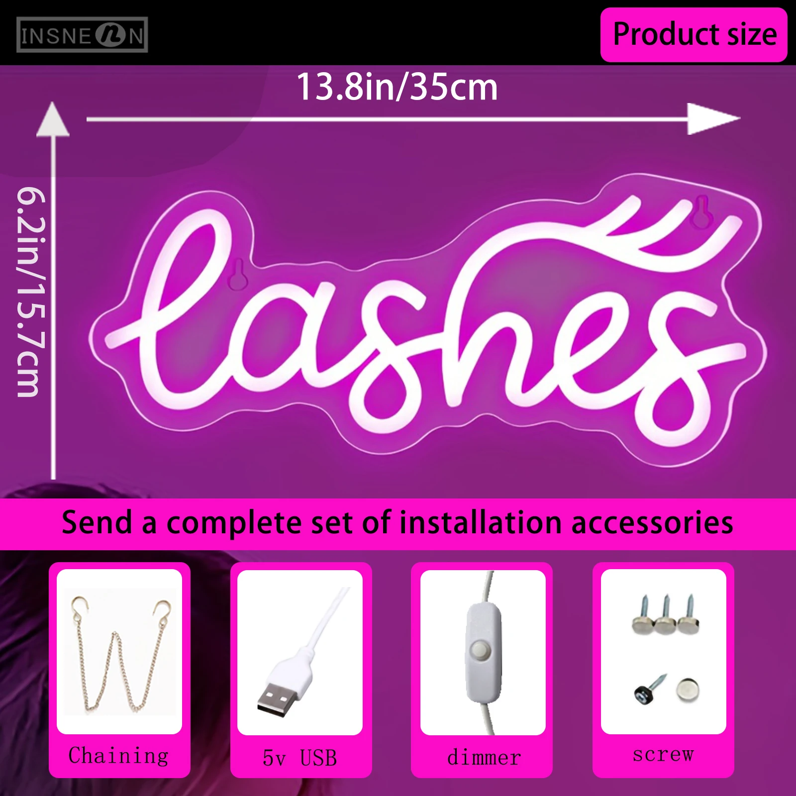 Lashes Neons Sign LED Decor Neon Light, USB Neon Sign, Salon, Beauty Room, Bedroom, Shop Room, Halloween, Boże Narodzenie