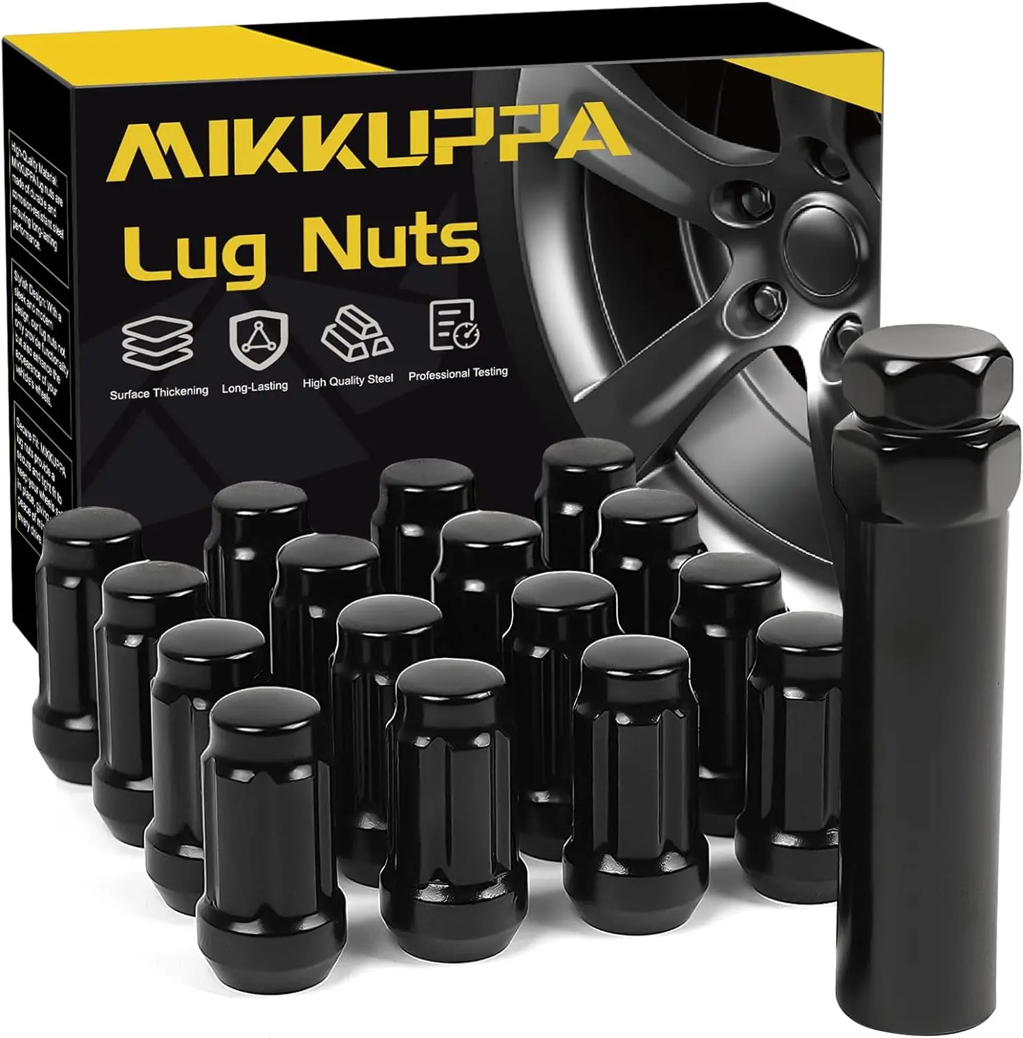 MIKKUPPA 16pcs M12x1.5 Lug Nuts - Black Spline Drive Lug Nuts - 1.4 inch Length - 17mm Hex Size - Cone Acorn Taper Seat - Includ