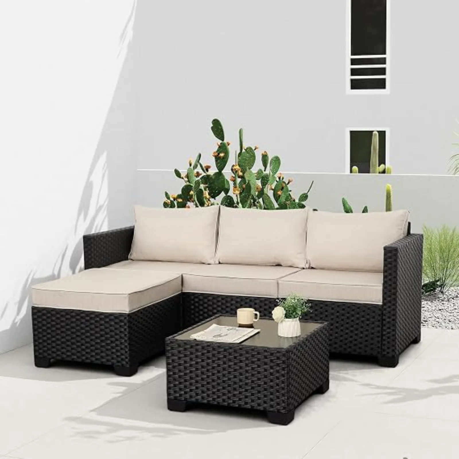 Wicker Patio Furniture Patio Couch 3 Pieces Outdoor Sectional with Ottoman and Outdoor Glass Table Weathering Anti-Slip Cushions Furniture Covers, Light Grey