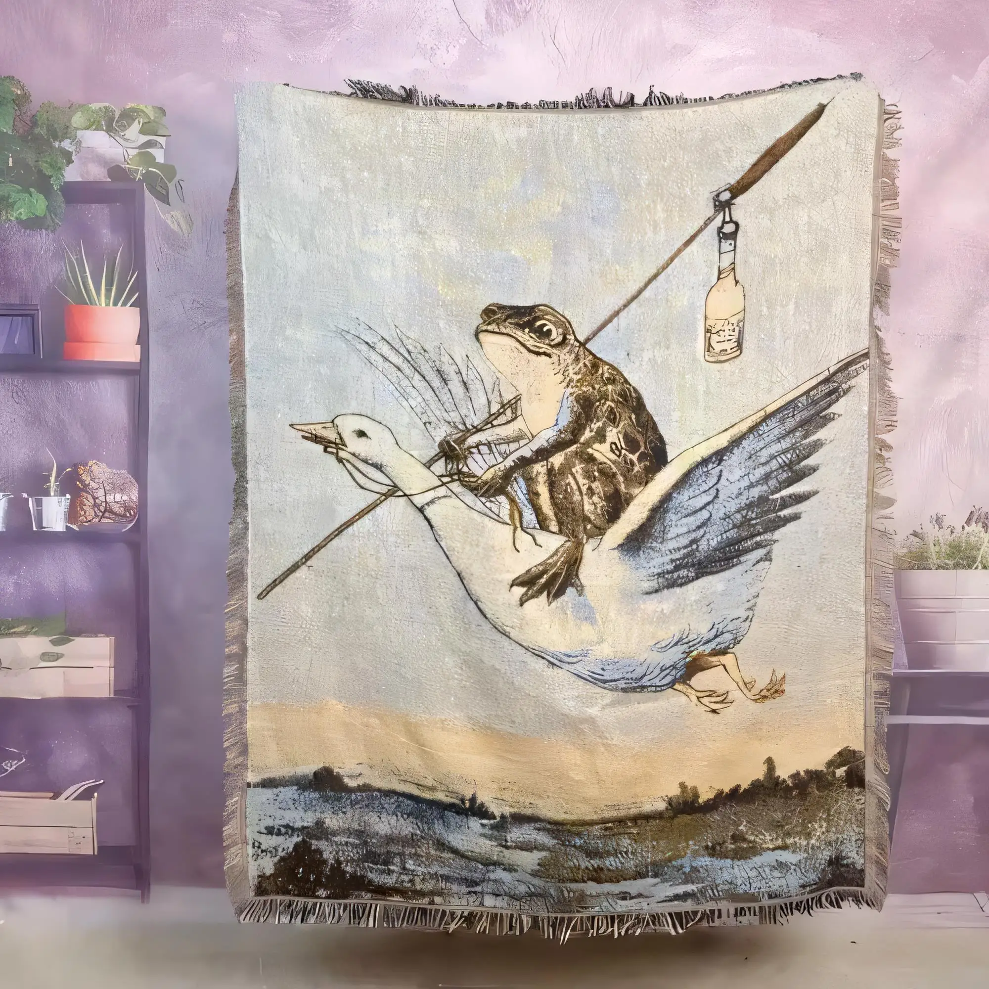 Whimsical Frog and Goose Woven Tapestry Blanket with Fringe Edge, Magical Adventure Theme Wall Hanging Decor, Artistic Vintage T