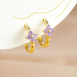 2PCS Simple Stainless Steel Three Size Four Purple Zircon Flower Hoop Earring Set for Women Circle Hoops Huggie Piercing Jewelry