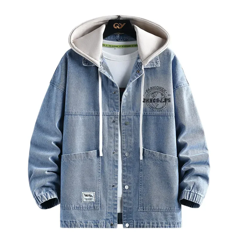 Trendy Men's Denim Jacket Fashionable Cotton Breathable Loose-Fit Casual Long-Sleeved Hooded Denim Jacket Comfortable Men's Top