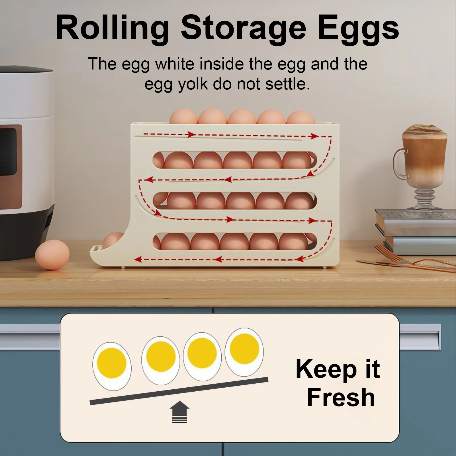 Egg Refrigerator Storage Box Automatic Scrolling Egg Rack Holder Fridge Organizer Large Capacity Eggs Storage Organization Stand