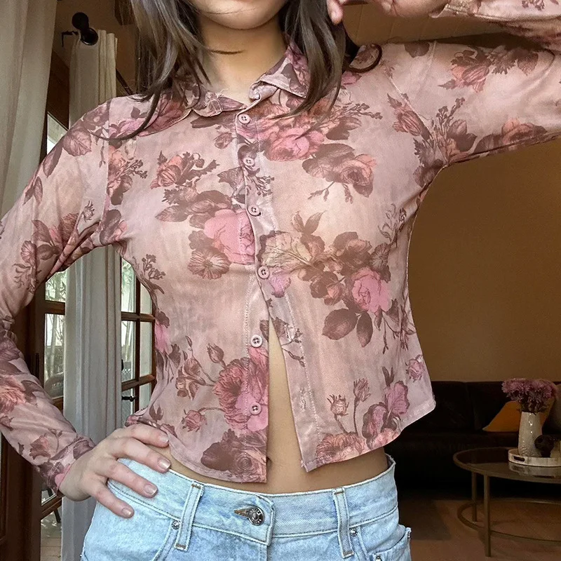 

Casual Floral Printed Mesh Blouse See Through Slim Turn-Down Collar Long Sleeve Tees Women 2024 Summer Spring Fashion