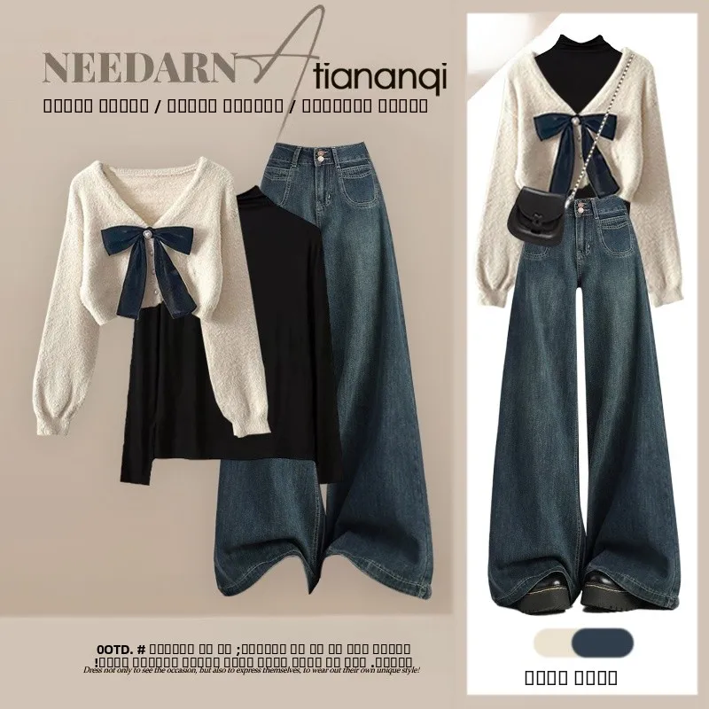 

Повседневный вязаный свитер, женский нежный комплект с джинсами для похудения, комплект из футболки, осенний ансамбль Faion