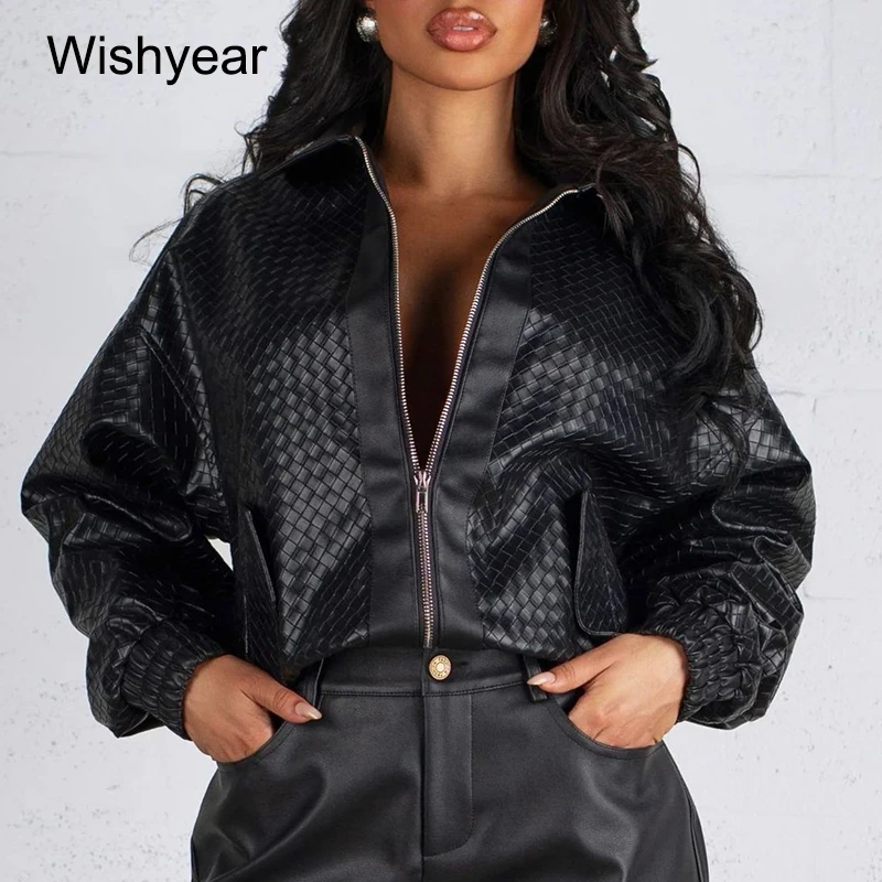 Jakcet en Faux cuir pour femmes, manches longues, fermeture éclair, revers, manteaux courts en PU, Street Moto Biker, minuit, Hipster, hauts d'extérieur y2k