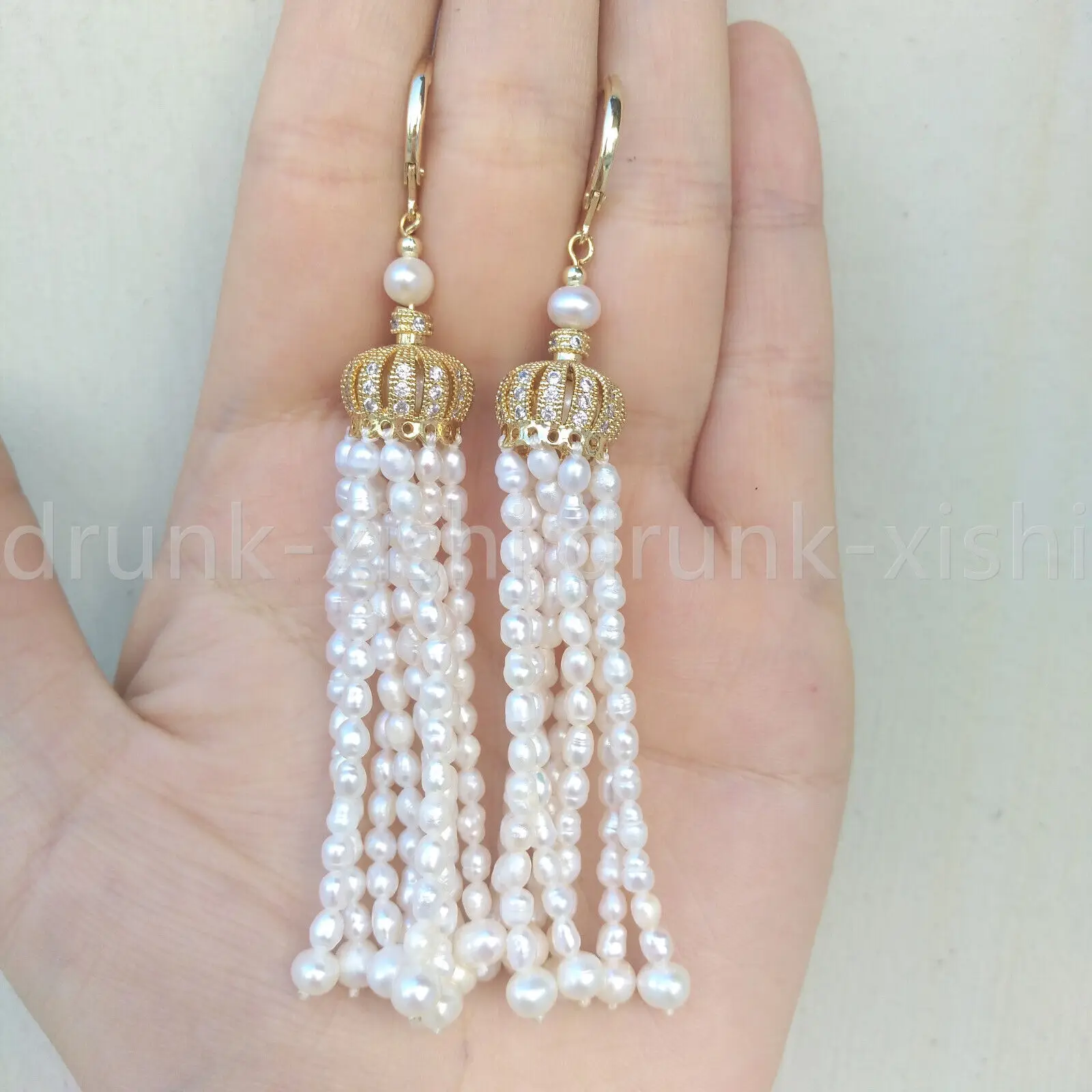 

Beautiful Design AAA Natural White Akoya Mini Real Pearl Tassel Crown Drop/Dangle Earrings Suitable For Any Occasion